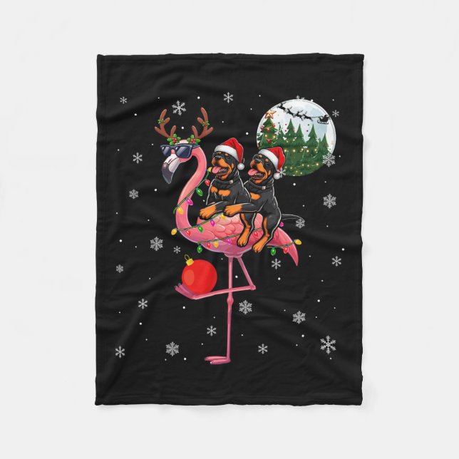 Cobertor De Velo Dois Rottweilers Xmas Andando Flamingo Reindeer Su (Frente)