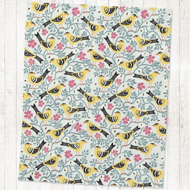 Cobertor De Velo Dourado e Flor de Pássaro Rosa da Pradaria (Goldfinch Prairie Rose bird flower arts and crafts style block print fleece blanket)