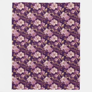 Cobertor De Velo Dourado e Roxo Floral Asiático