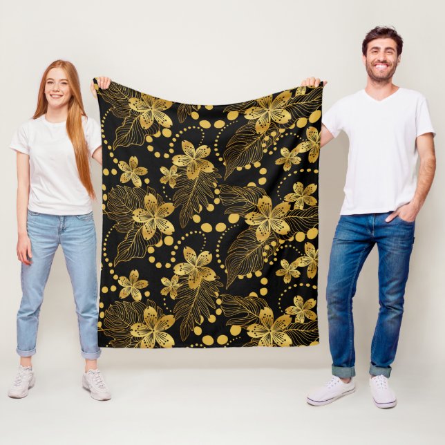 Cobertor De Velo Dourado em flores e folhas tropicais pretas (In Situ)