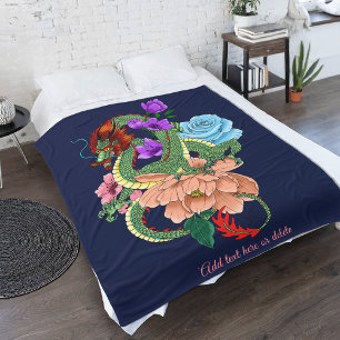 Cobertor De Velo Dragão Chinês Verde Místico Floral Azul Marinho