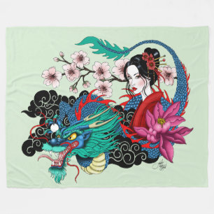 Cobertor De Velo Dragão Geisha Asiática Flores de Cerejeira Azuis
