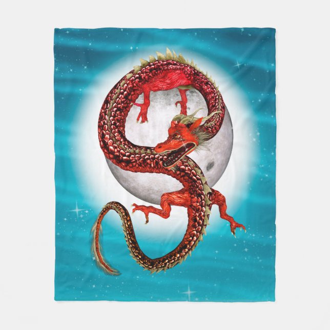 Cobertor De Velo Dragão Lua Vermelha Arte de Fantasia Celestial (Frente)