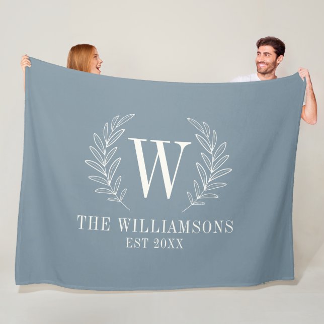 Cobertor De Velo Dusty Blue Modern Laurel Leaf Monogramo (In Situ)