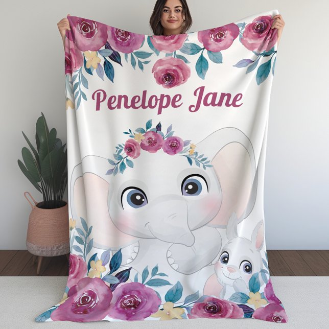 Cobertor De Velo Elefante e Coelho Rosas Marrom Nome Personalizado (Elephant and Bunny Maroon Roses Custom Name Fleece Blanket (L))