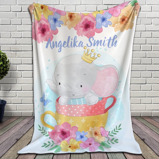 Cobertor De Velo Elefante em um Teacup com Flores e Nome Personaliz (Criador carregado)