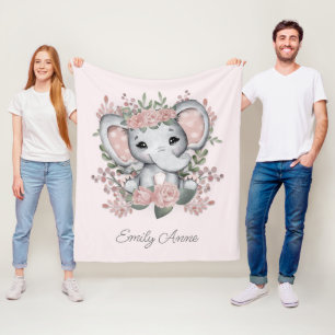 Cobertor De Velo Elefante Fofo Nome da Criança Floral Rosa Folhagem