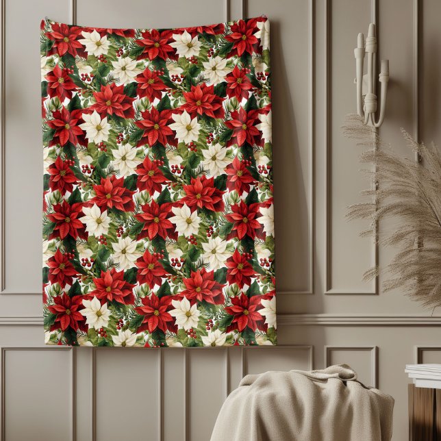 Cobertor De Velo Elegant Christmas Red and White Poinsettia (Elegant Christmas Red and White Poinsettia Fleece Blanket)