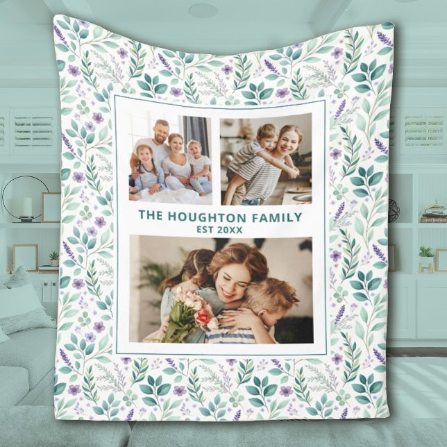Cobertor De Velo Elegant Eucalyptus Floral Family Photo Collage (Pretty family photo blanket with a eucalyptus floral background. Personalize it with 3 photos & name)