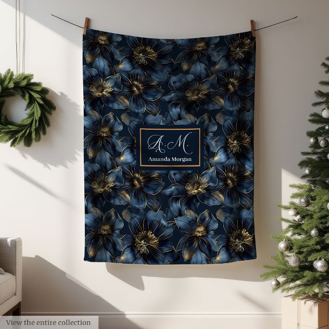 Cobertor De Velo Elegant Navy Gold Blanket Custom Name Floral Art (Elegant Navy Gold Blanket Custom Name Floral Art)