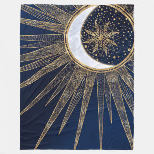 Cobertor De Velo Elegante Blue Dourado Sun Moon Mandala