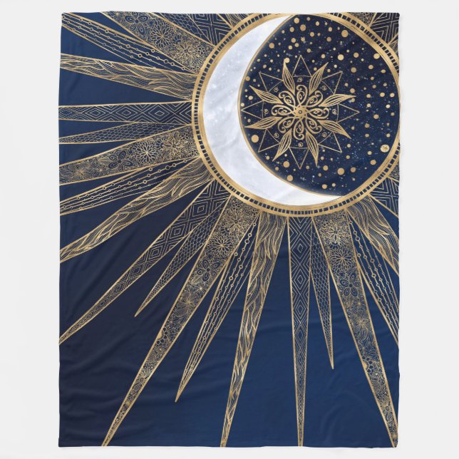 Cobertor De Velo Elegante Blue Dourado Sun Moon Mandala (Frente)