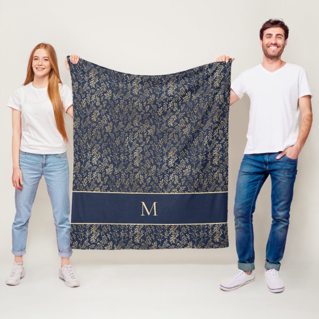 Cobertor De Velo Elegante Chic Azul Marinho Folhas de Ouro Monogram (In Situ)