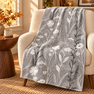 Cobertor De Velo Elegante Jardim de Flores Silvestres Cinza Prata B
