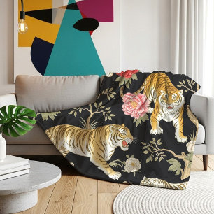 Cobertor De Velo Elegante padrão de Chinoiserie Preto com Tigre e P