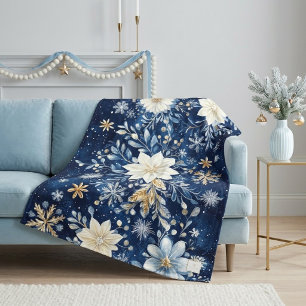 Cobertor De Velo Elegante Poinsettia Azul e Dourada de Natal