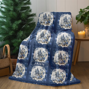 Cobertor De Velo Elegante vintage Monograma azul toile de jouy