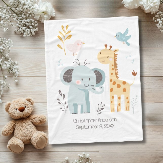Cobertor De Velo Elephant Giraffe Bird Personalizado Nascimento (Personalized Birth Stats Elephant Giraffe Bird Baby Blanket)