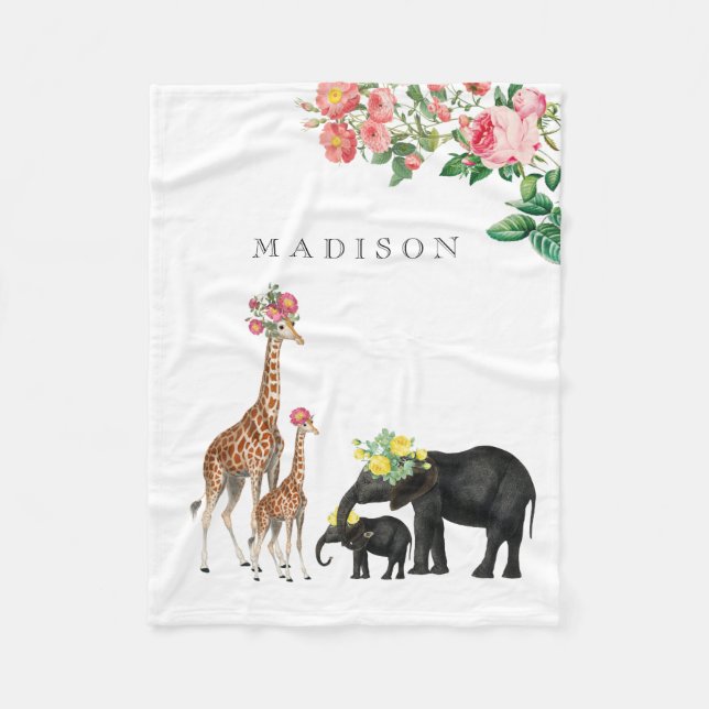 Cobertor De Velo Elephant & Giraffe Floral Custom Baby Name (Frente)