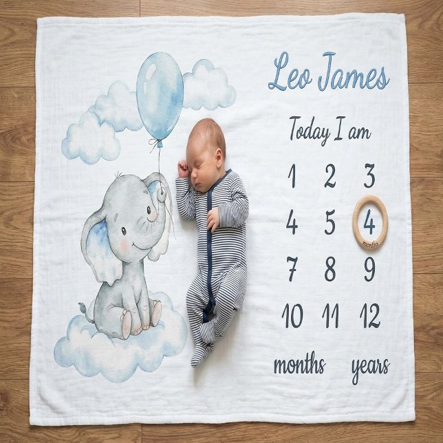Cobertor De Velo Elephant on Cloud Personalized Boy Milestone Baby  (Criador carregado)