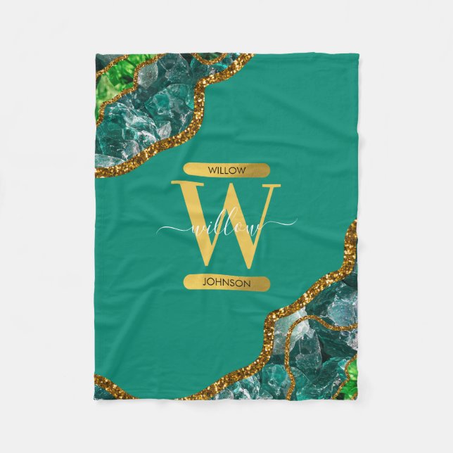 Cobertor De Velo Emerald Green & Dourado Agate Geode Glitter Monogr (Frente)