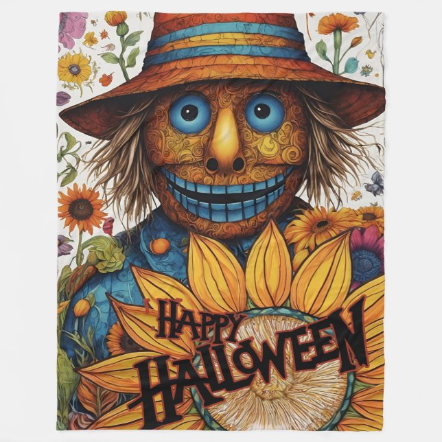Cobertor De Velo Espantalho do Halloween assustador com girassóis (Frente)