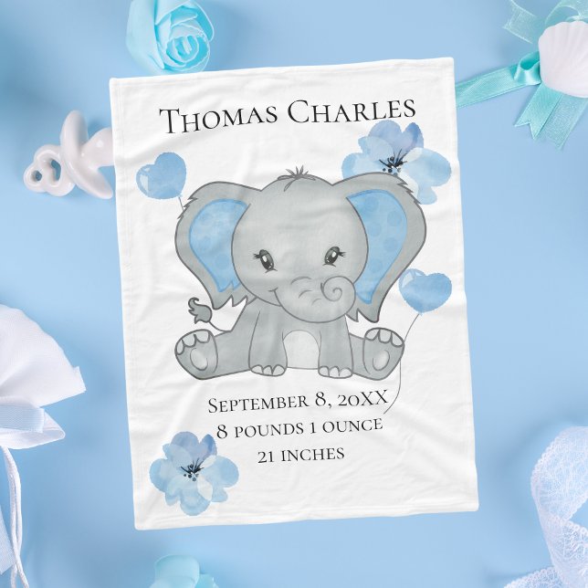 Cobertor De Velo Estatísticas de Nascimento Personalizadas Bebê Ele (Blue Gray Elephant Baby Boy Birth Stats Baby Blanket, Baby Shower gift Gift for new baby boy)