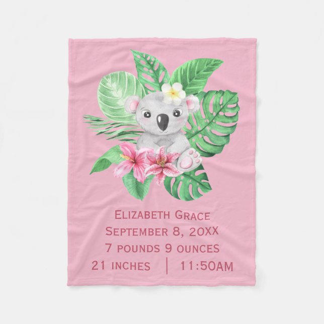 Cobertor De Velo Estatísticas de Nascimento Urso Koala Rosa Verde F (Frente)