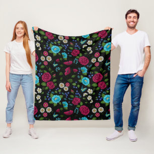 Cobertor De Velo Estilo Folk Bordado Preto Floral Azul Rosa