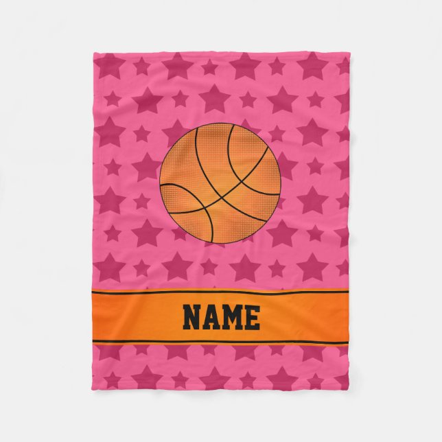 Cobertor De Velo Estrelas rosa de basquete de nome personalizado (Frente)