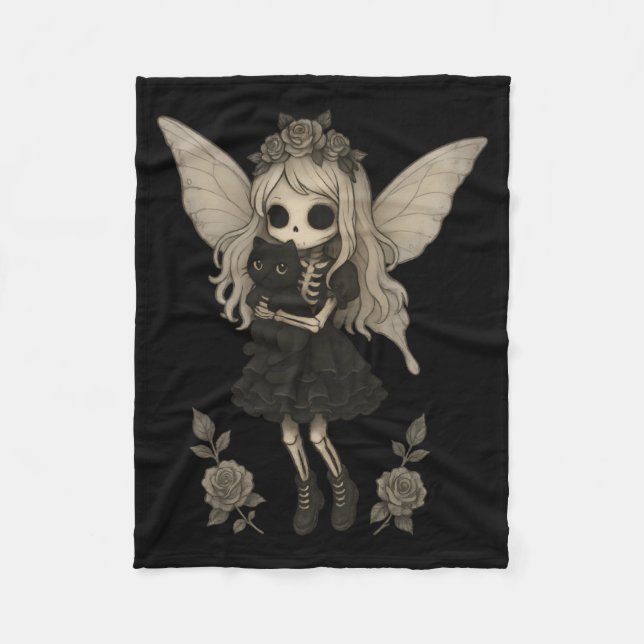 Cobertor De Velo Fada Esqueleto Gótica Kawaii Com Gato Preto (Frente)