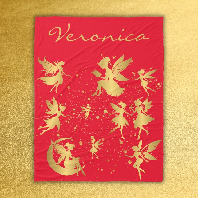 Cobertor De Velo Fadas Douradas com Pixie Posta no Monograma Vermel (Criador carregado)
