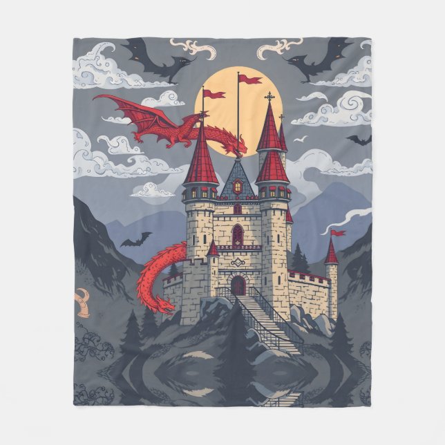 Cobertor De Velo Fantasia Medieval: Dragão e Castelo (Frente)