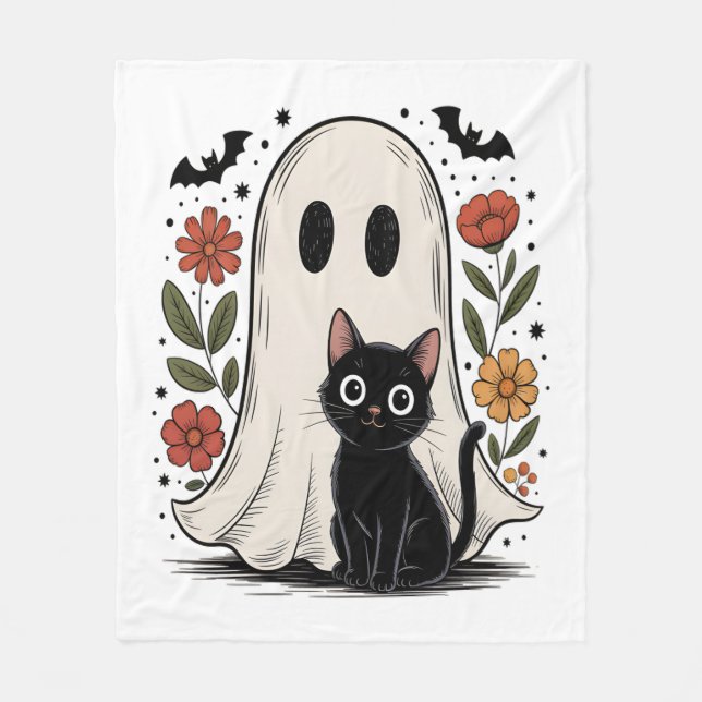 Cobertor De Velo Fantasma e Gato do Dia das Bruxas (Frente)