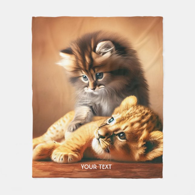 Cobertor De Velo Fantasy Cute Kitten Brincando Com Tigre (Frente)