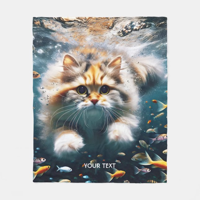 Cobertor De Velo Fantasy Gato Bonito Nadando Submarino (Frente)
