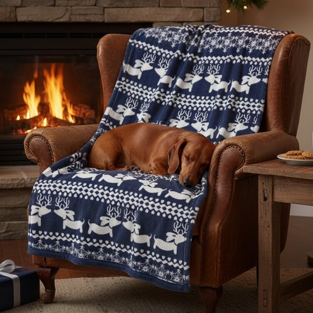Cobertor De Velo Feira de Natal de Isle Dog Blanket (Blue reindeer dachshund fair  isle sweater design for Christmas festivities and snugging. )