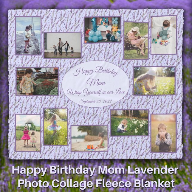 Cobertor De Velo Feliz Aniversário, Lavanda Colagem de Fotos da Mãe (Happy Birthday Mom Lavender Photo Collage Fleece Blanket - Personalize for Grandmother Sister Aunt)