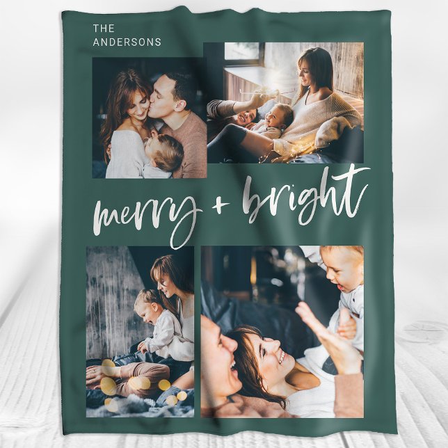 Cobertor De Velo Feliz e Brilho | Multi-Photo Grid Natal (A festive green holiday blanket with modern casual script and four of your family photos)