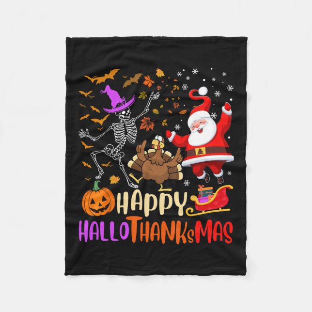 Cobertor De Velo Feliz Hallothanksmas Skeleton Pumpkin Papais noeis (Frente)