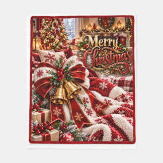 Cobertor De Velo Feliz Natal Arco Vermelho e Branco e Sininhos Dour