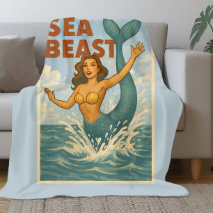 Cobertor De Velo Fera Marinha Mermaid Retro   Praia Engraçada Azul 