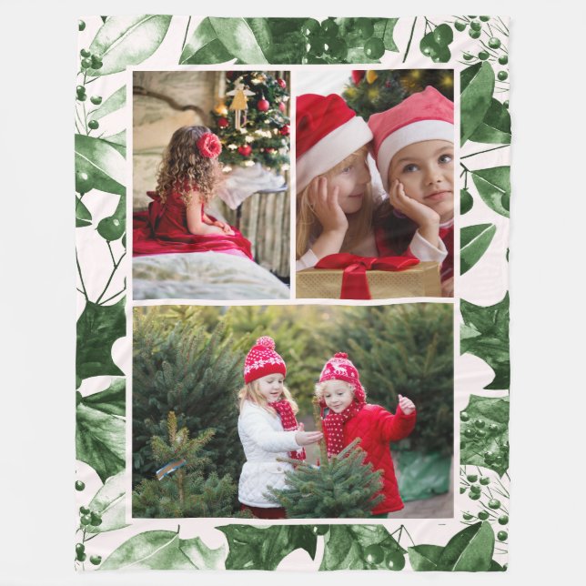 Cobertor De Velo Feriado de Colagem de Fotos Rustic Green Holly Trê (Frente)