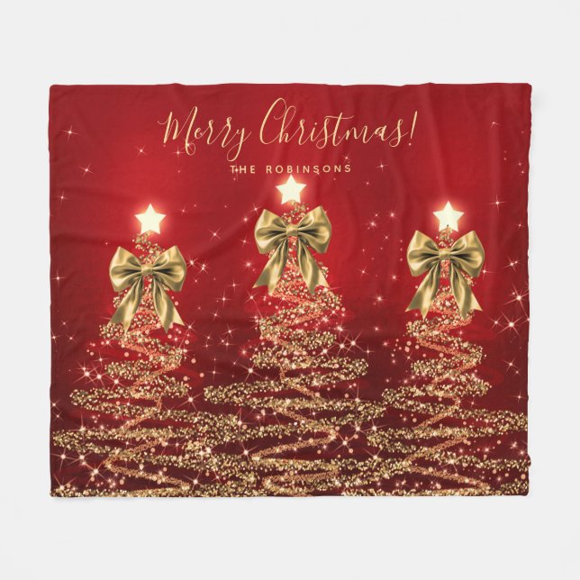 Cobertor De Velo Festive Holiday Gold Red Christmas Trees w/ Bows (Frente (Horizontal))