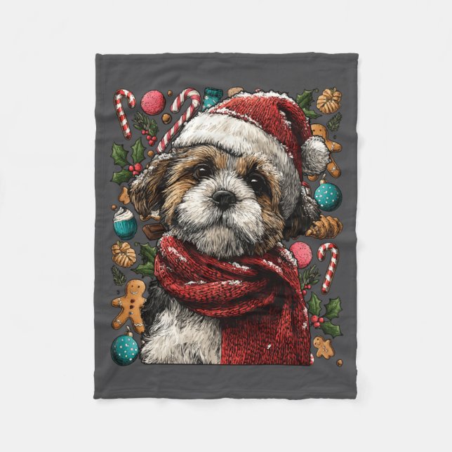 Cobertor De Velo Festive Shih Tzu With Santa Hat Snowy Winter Chris (Frente)