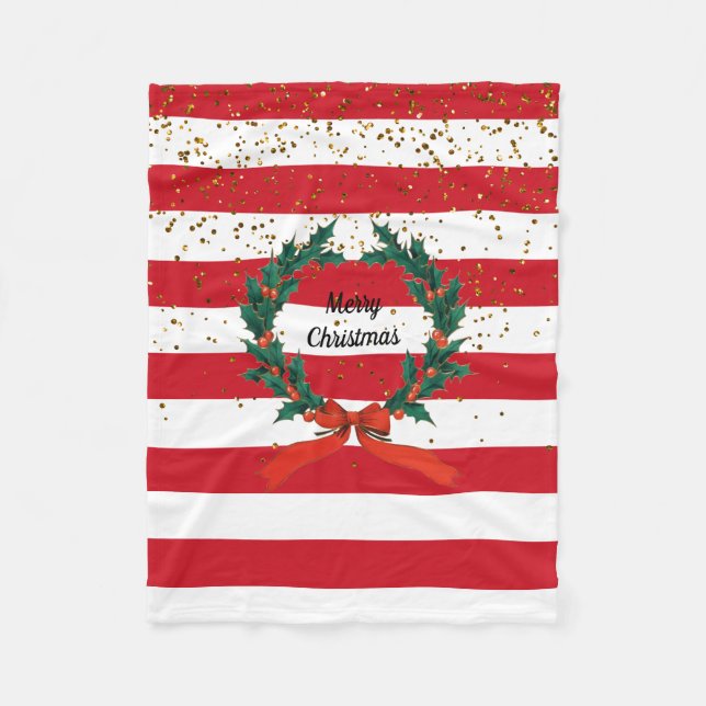 Cobertor De Velo Festivo de Natal Holly Berries Wreath Stripes (Frente)