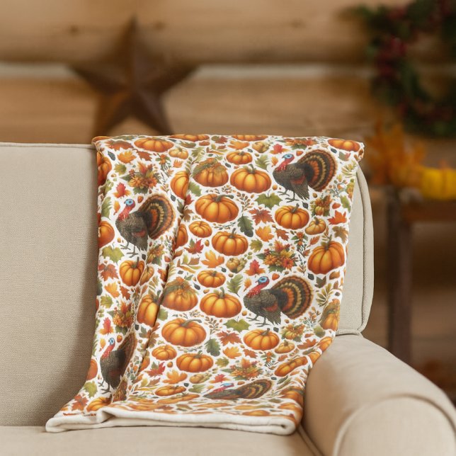 Cobertor De Velo Festivo Turquia e Abóbora do Outono (cozy fleece blanket with pumpkins and turkey print on white )