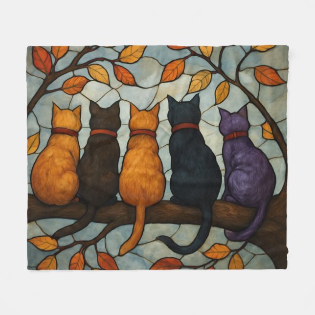 Cobertor De Velo Five Cats on a Tree Branch Stained Glass Style (Frente (Horizontal))