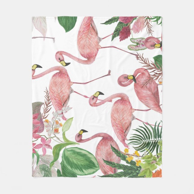 Cobertor De Velo Flamingo Tropical Leaves Watercolor Patterno (Frente)