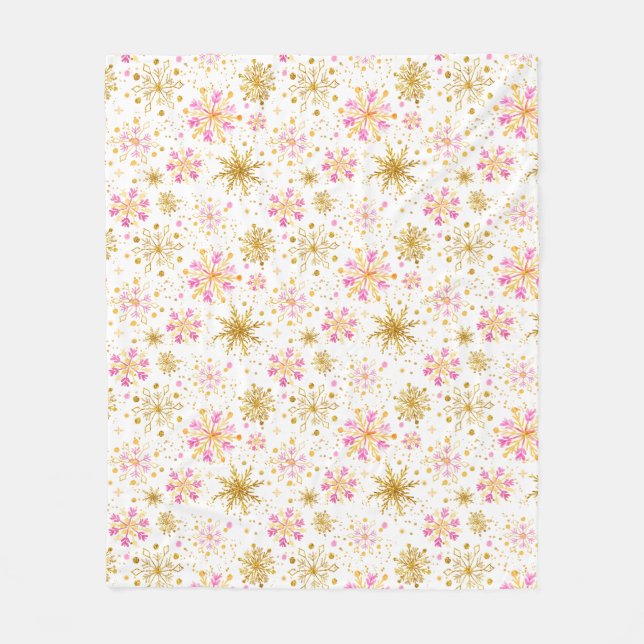 Cobertor De Velo Flocos de Neve Rosa e Dourado de Inverno (Frente)